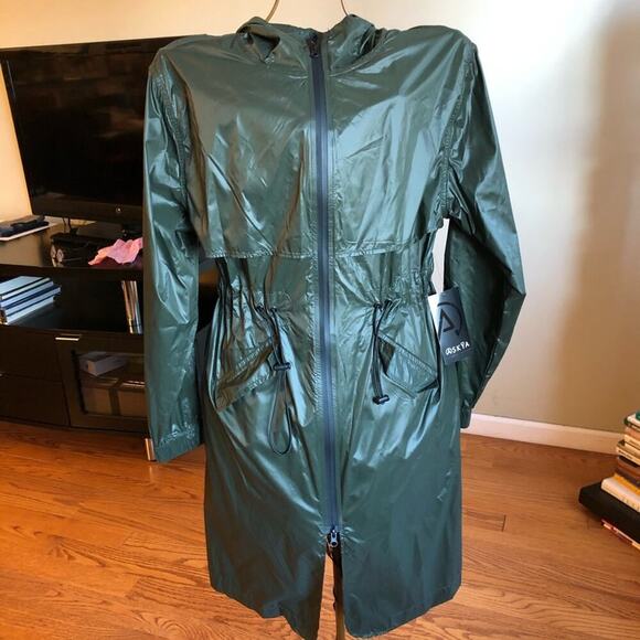 ASKYA Zip-front Windbreaker Rain Hooded Green Jacket Women’s Size X-Small NWT - Picture 3 of 8